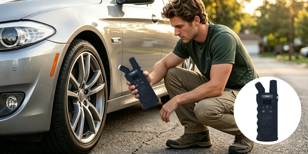 TPMS relearn tool in use next to a car tire