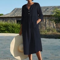 Cotton Linen Solid Color Long Dress with Pockets