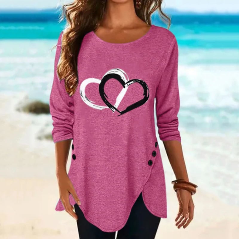 Women's Heart Print Irregular Long Sleeve T-shirt