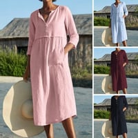 Cotton Linen Solid Color Long Dress with Pockets