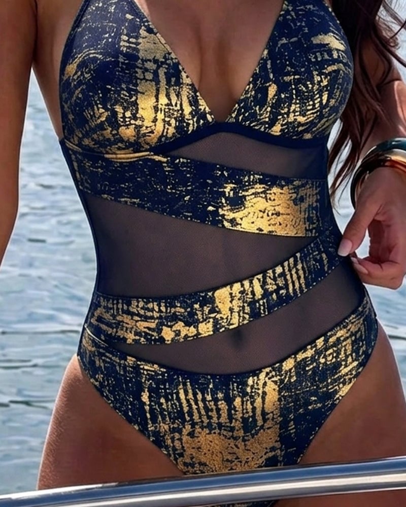 Color Block Halter Design One Piece