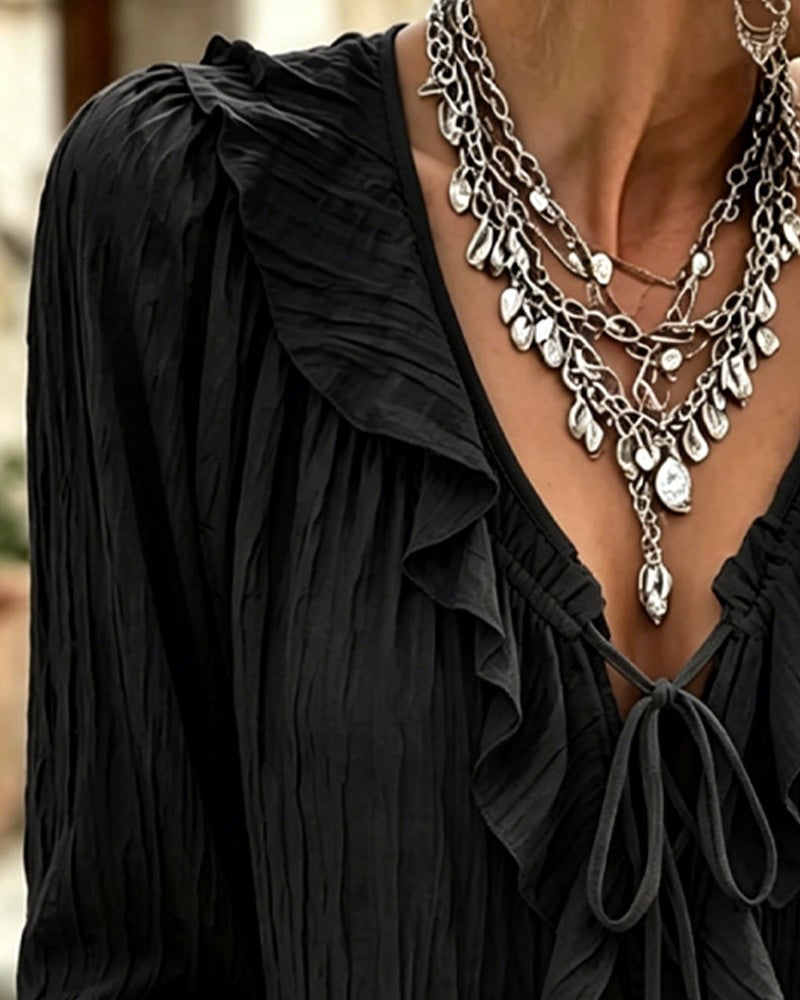 Ruffle Trim Lace-Up Long Sleeve Blouse