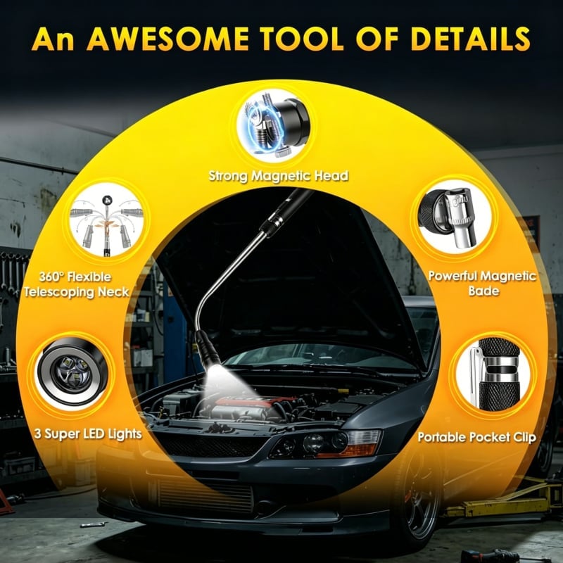 Telescoping Magnetic Flashlight with Flexible LED Pickup Tool