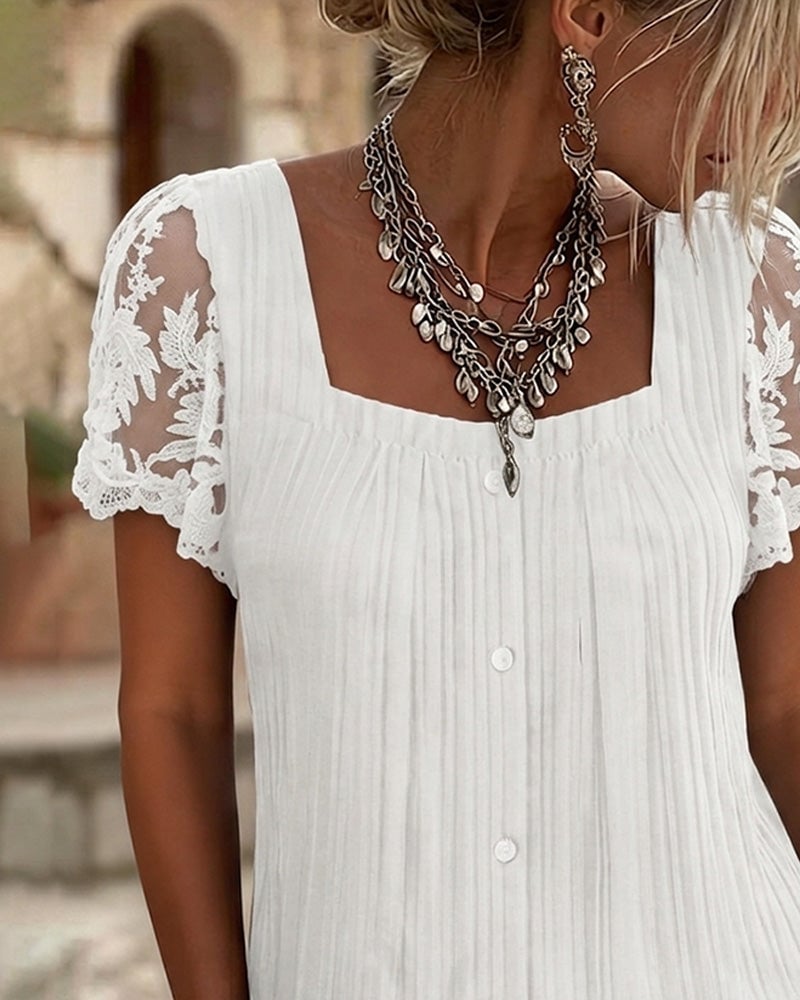Square Neck Ribbed Lace Patchwork Blouse