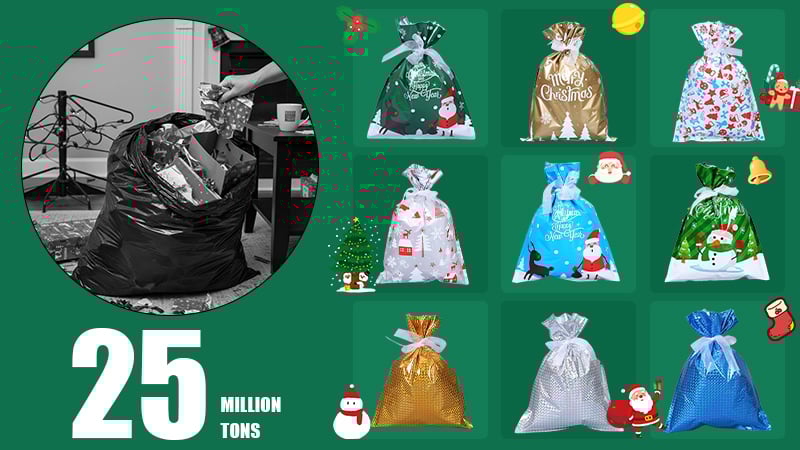 A pile of wrapping paper trash contrasted with neat, reusable gift bags