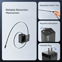 65 W GaN A+C Dual-Port-Schnellladeadapter mit einziehbarem Kabel