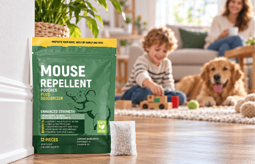 Mouse repellent pouches in a family home