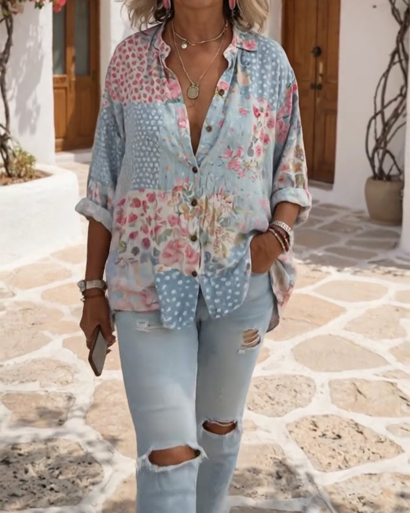 Ditsy Print Stand-Collar Shirt