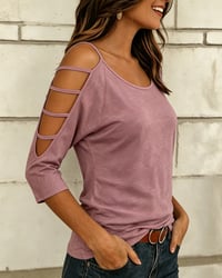 Solid Color Elbow-Length Sleeve Off-Shoulder T-Shirt