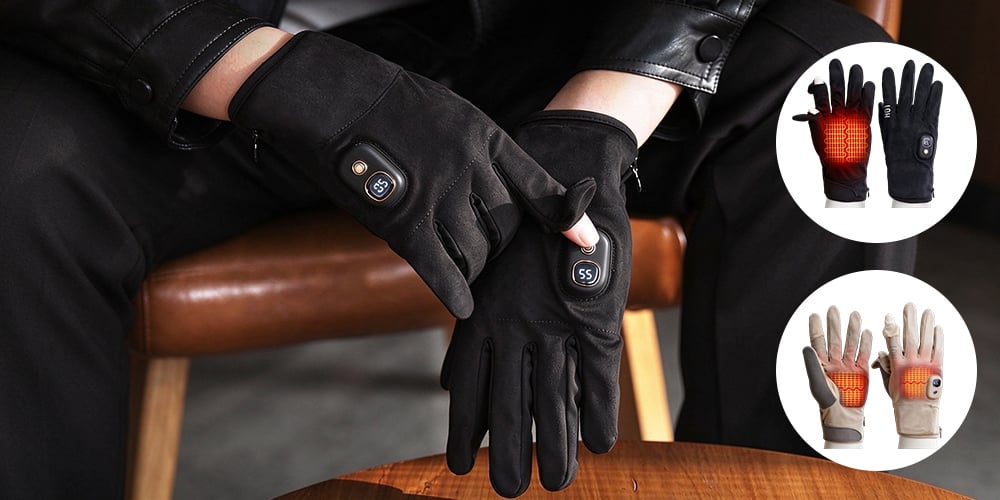 Black heated winter gloves with wrist displays and illustrations of the black and beige designs