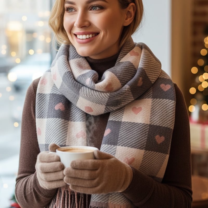 Cozy Heart Plaid Scarf – Soft Winter Wrap for Girls Or Couples