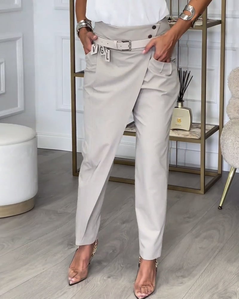 Fashionable solid color pocket irregular patchwork pants