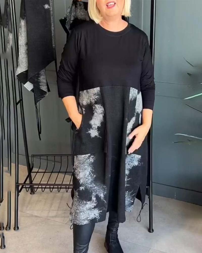 Casual printed pocket long sleeve dress