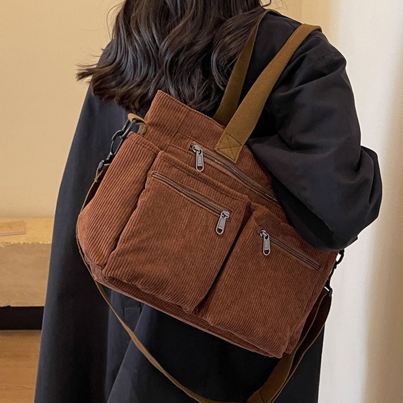 Sac fourre-tout en velours côtelé de couleur unie avec plusieurs compartiments