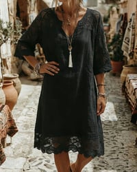 Kleid V-Ausschnitt Spitze Patchwork Lässig