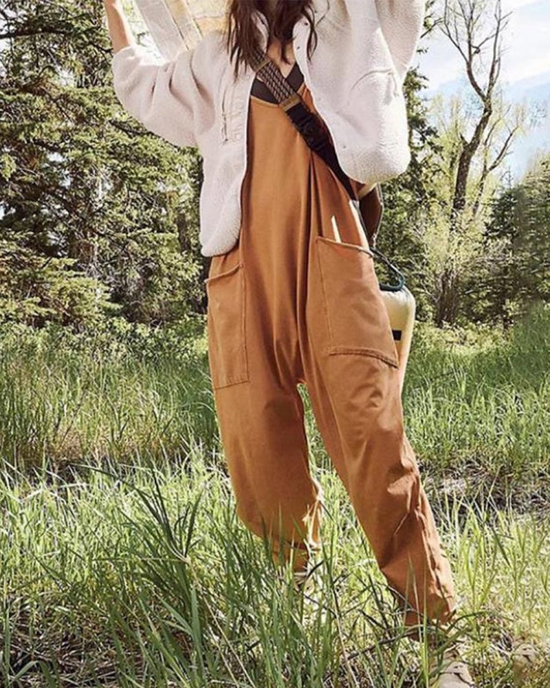 Solid v-neck sling pocket jumpsuit