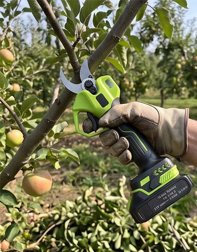 Cordless electric pruning shears trimming a branch