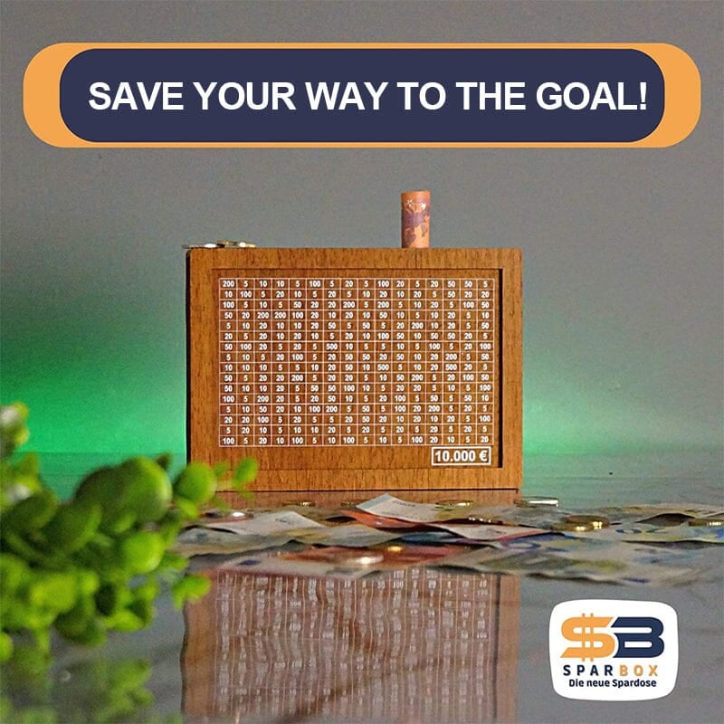 Wooden money box with engraved figures