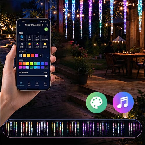 Colorful animated icicle lighting patterns outdoors