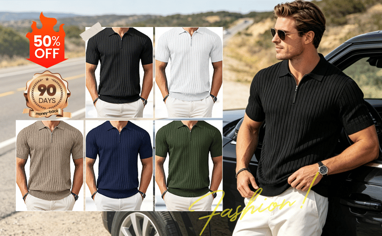 Men's zipper ribbed knit polo shirt detail 33