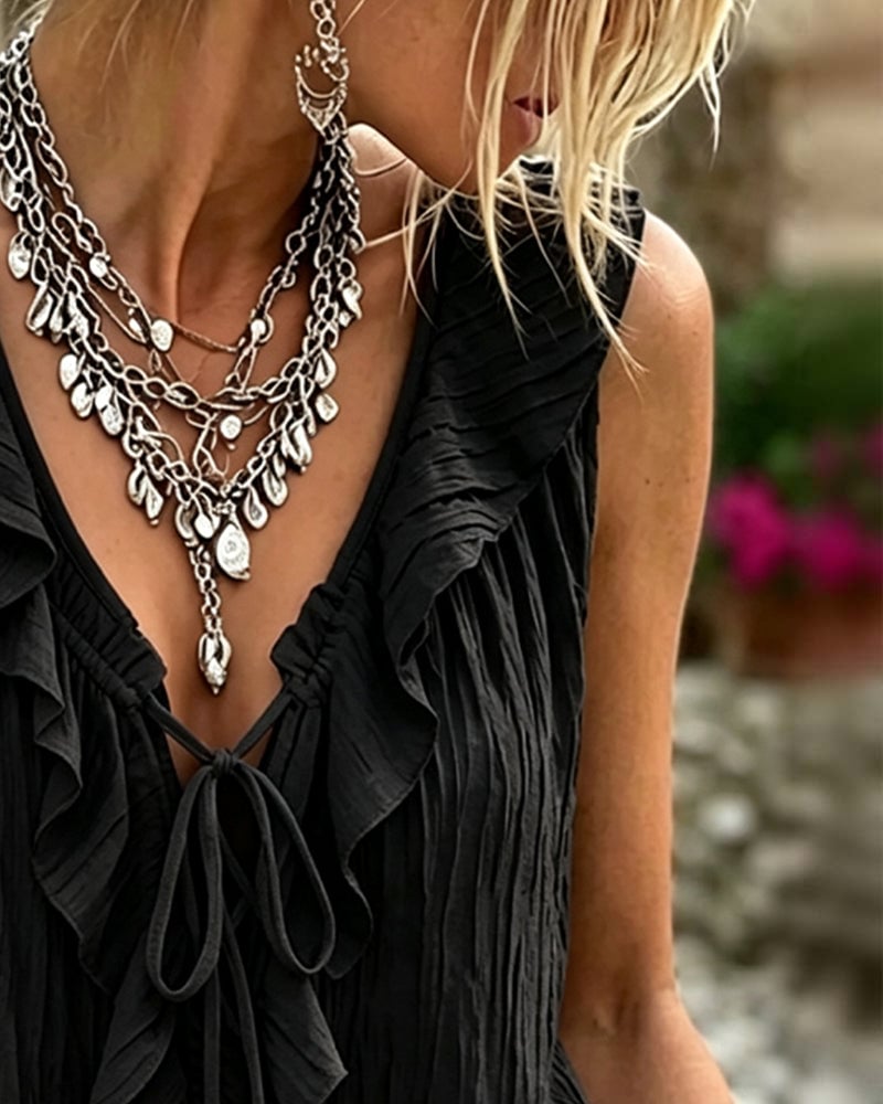 Ruffled V-Neck Lace-Up Sleeveless Tank Top