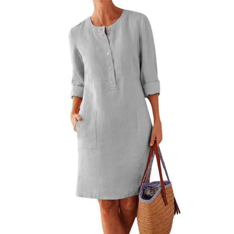 Solid Color Cotton and Linen Dress