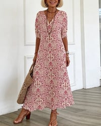 Klänning Vintage Blommönster V-Hals Maxi