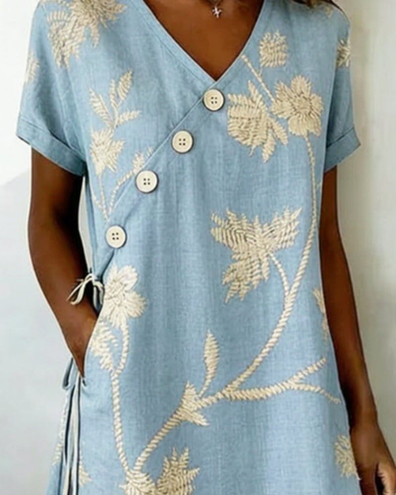 Diagonal Button Print V-Neck Mini Dress