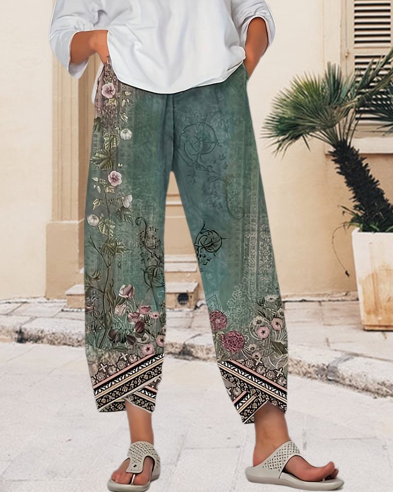 Retro print pocket baggy pants