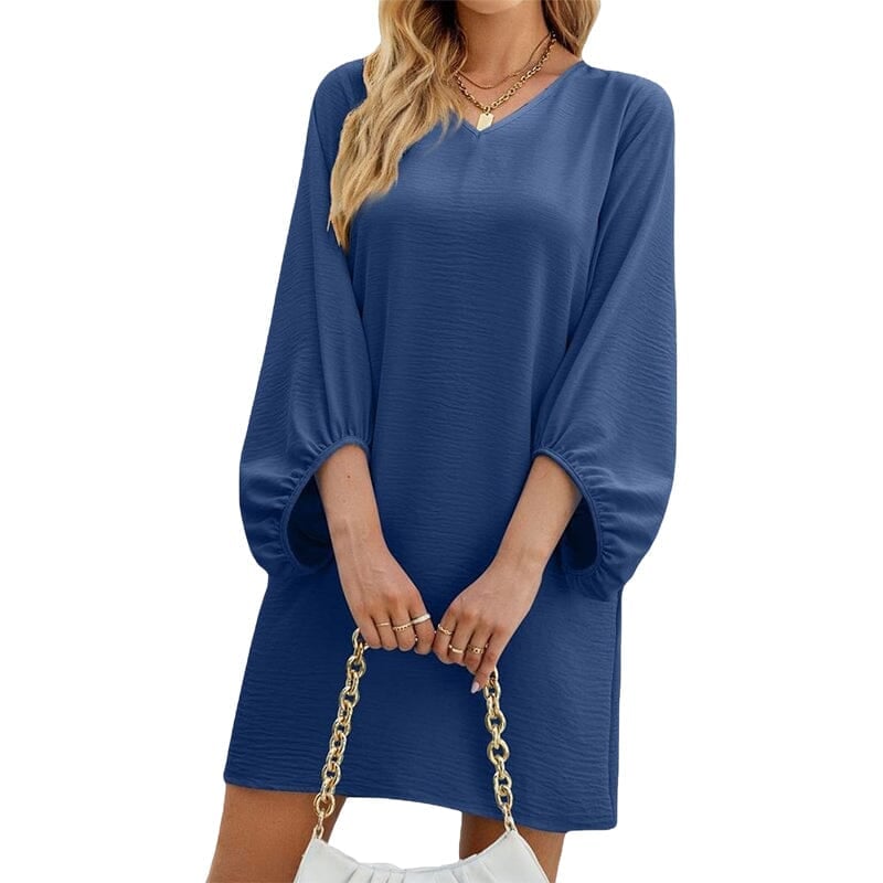 Solid Color V-Neck Puff Sleeve Loose Dress