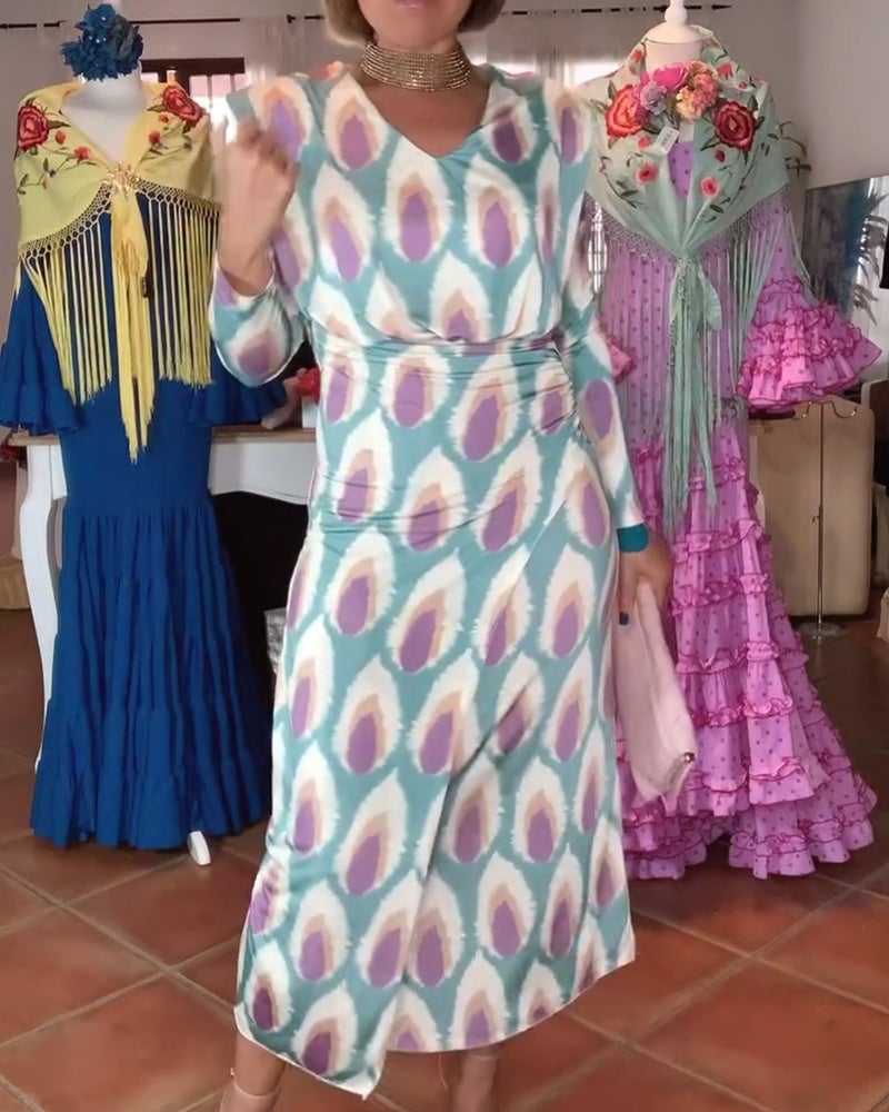 Elegant printed V-neck long-sleeve slim dress