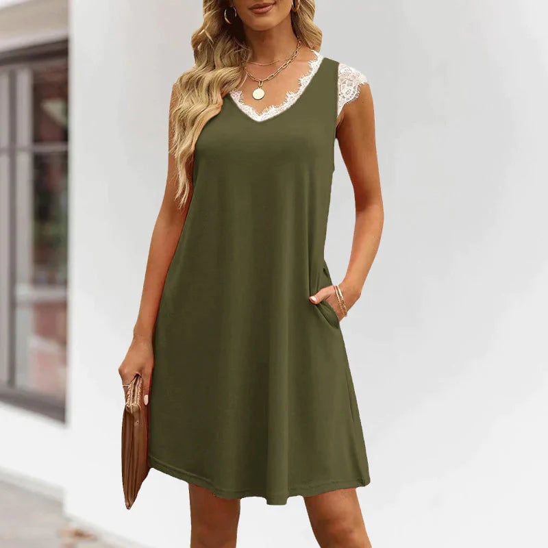 Summer Sleeveless V Neck Casual Lace Dresses with Pockets