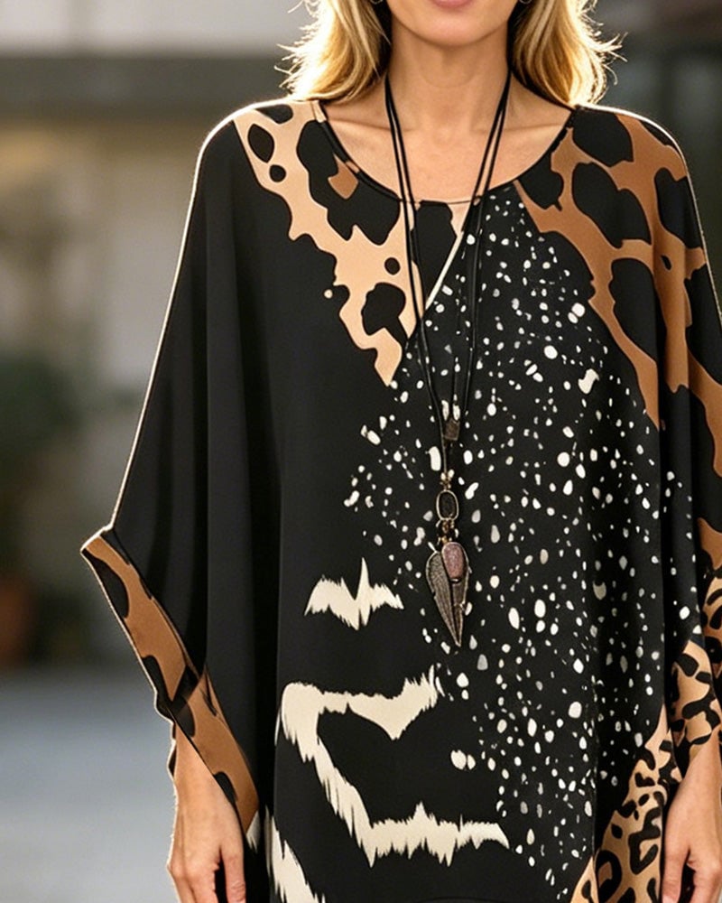 Round Neck Leopard Print Patchwork Blouse