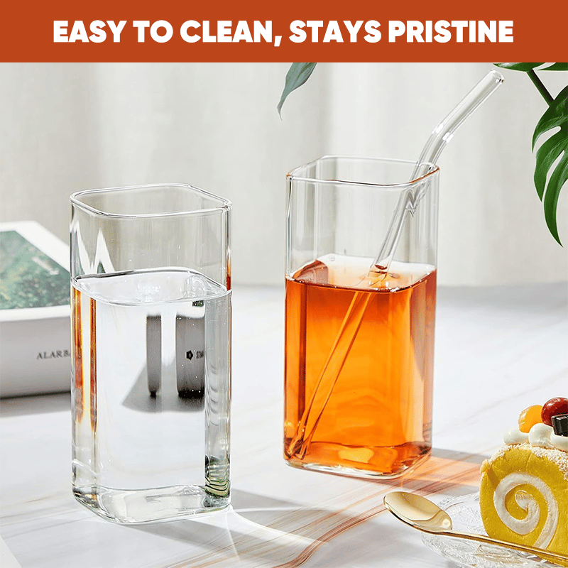 Stylish Square Glass Drink Cup with Lid and Straw