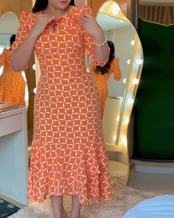 Robe Manches Mi-longues Col Rond Imprimé Taille