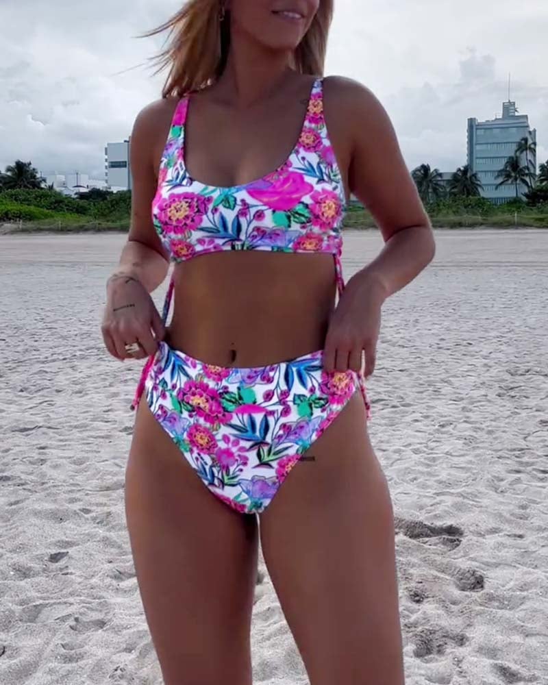 Floral print drawstring bikini swimsuit