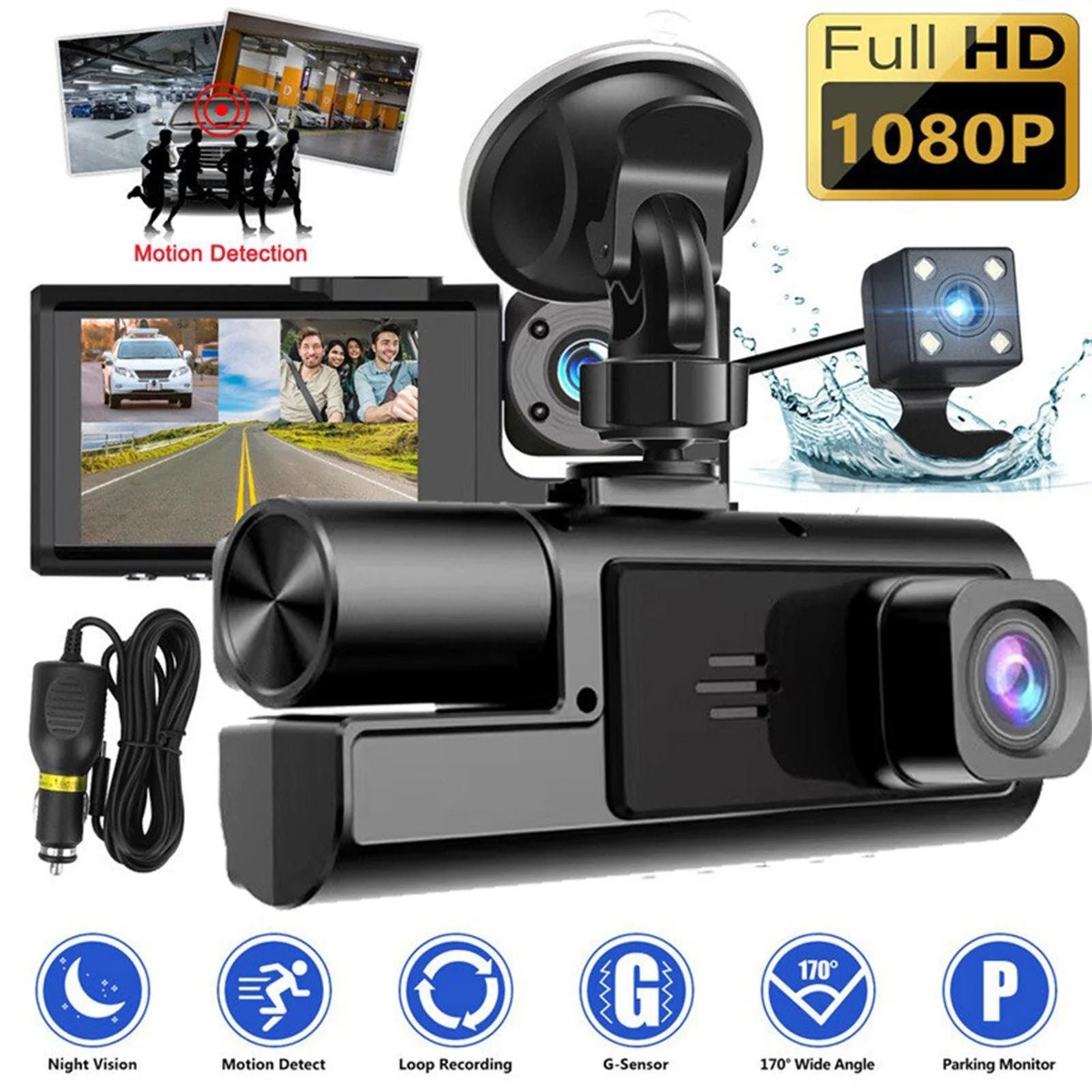 Sakerplus 3 Channel Dash Cam Front and Rear Inside