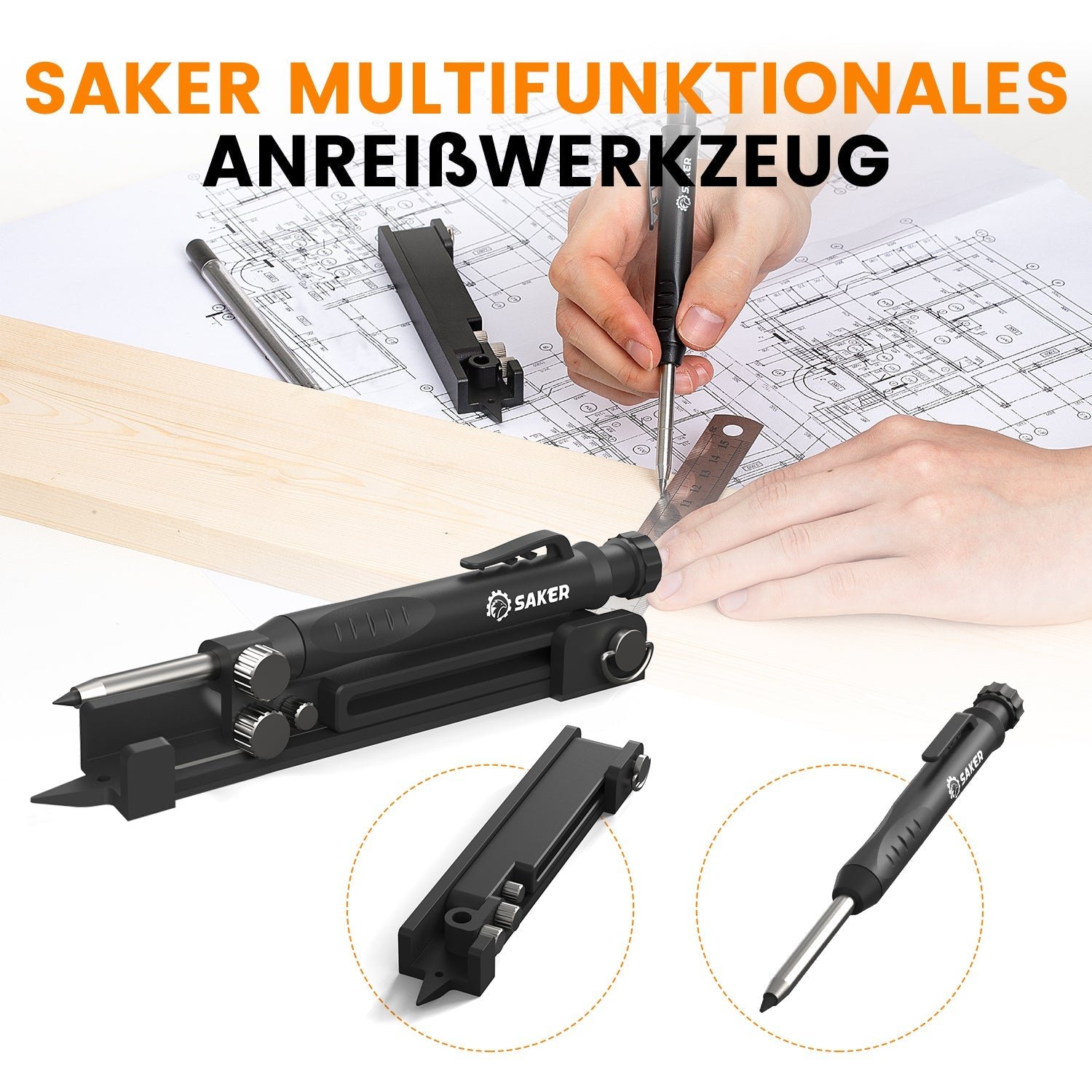 Saker Multifunktionales Anreißwerkzeug DIY Anreißlehre mit Tieflochstift