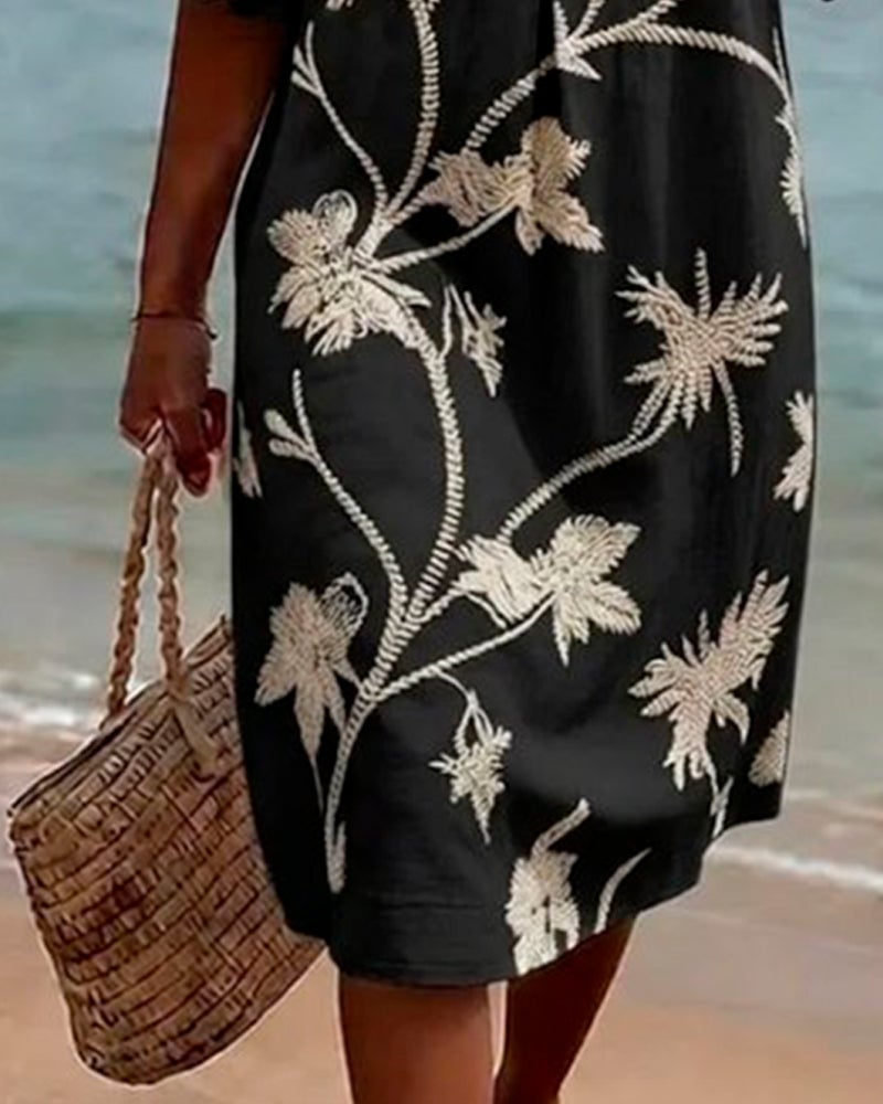 Petite V-Neck Ruffle Three-Quarter Sleeve Dress
