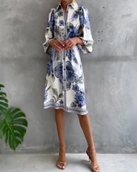 Lantern Sleeve Notched Collar Printed Dress