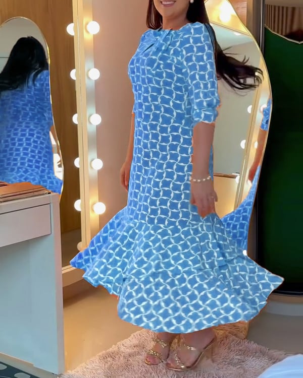 Robe Manches Mi-longues Col Rond Imprimé Taille