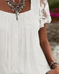 Square Neck Ribbed Lace Patchwork Blouse
