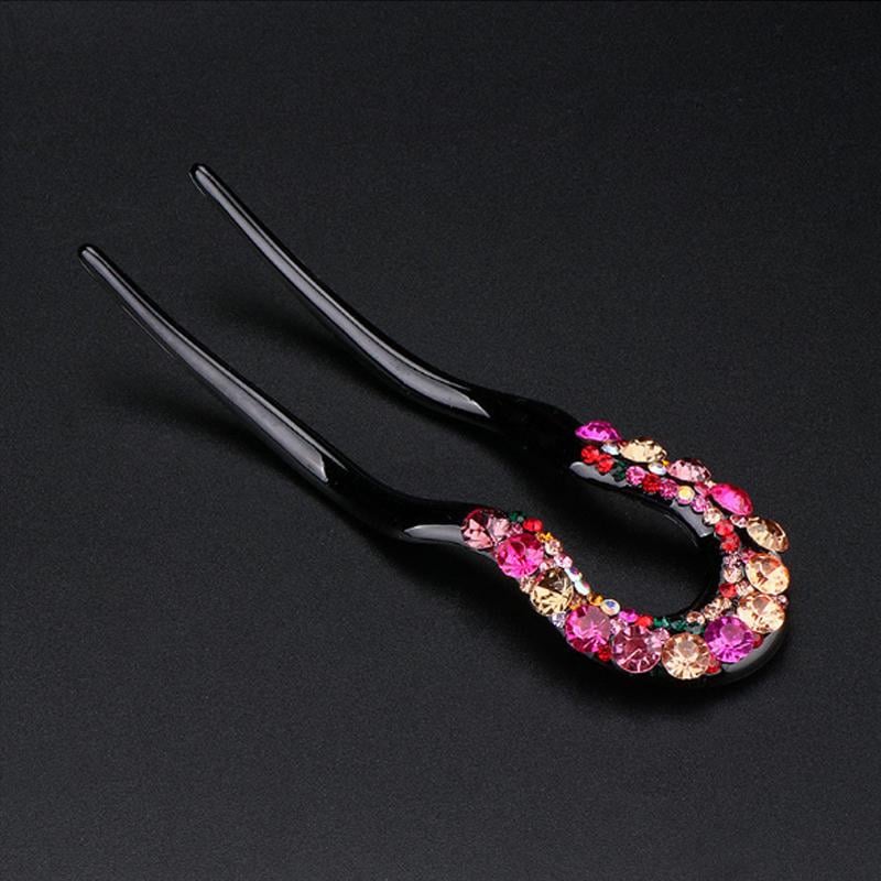 U-shape Crystal Rhinestone Double Prong Hair Pin Stick