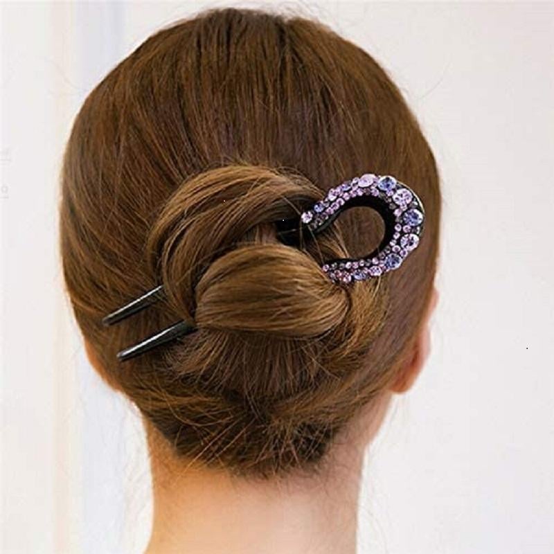 U-shape Crystal Rhinestone Double Prong Hair Pin Stick