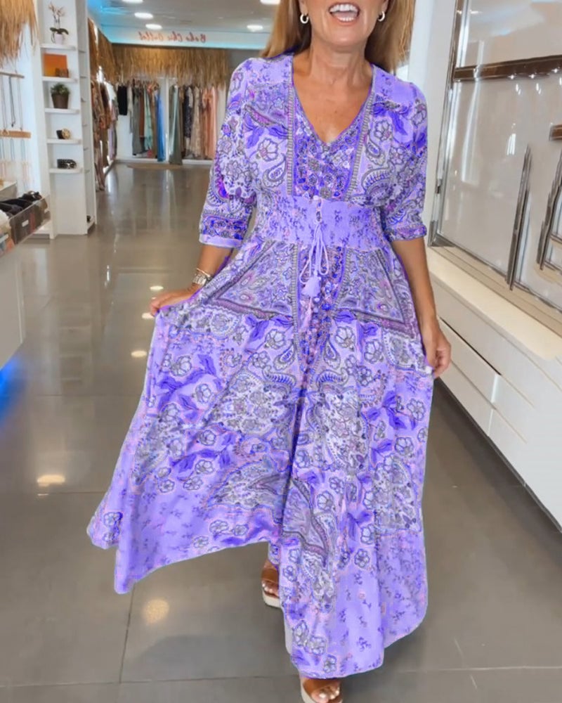 Robe de vacances à col en V et manches 3/4
