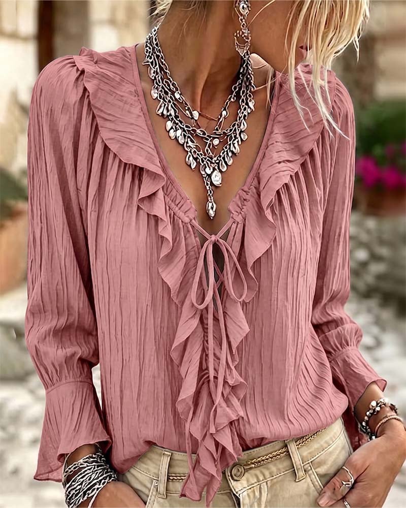 Ruffle Trim Lace-Up Long Sleeve Blouse
