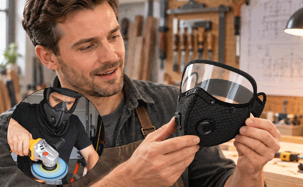 Animated product presentation showing the integrated eye shield and face-mask construction