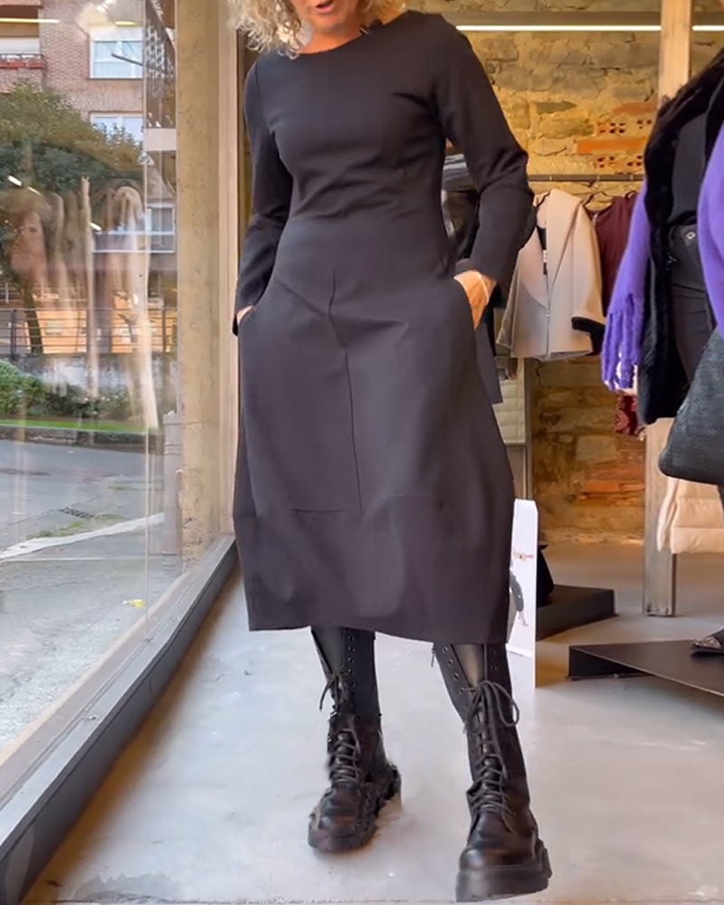 Solid color round neck  A-line dress