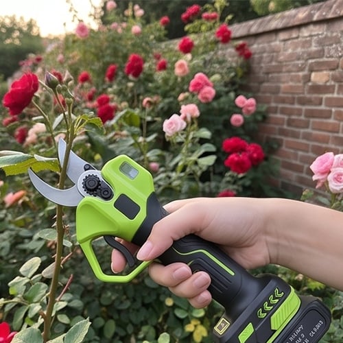 Cordless electric pruning shears used on roses
