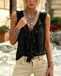 Ruffled V-Neck Lace-Up Sleeveless Tank Top